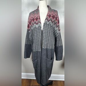 J. Jill Sz 1X “Newbury” Gray Pink Fair Isle Wool Blend Duster Cardigan Sweater